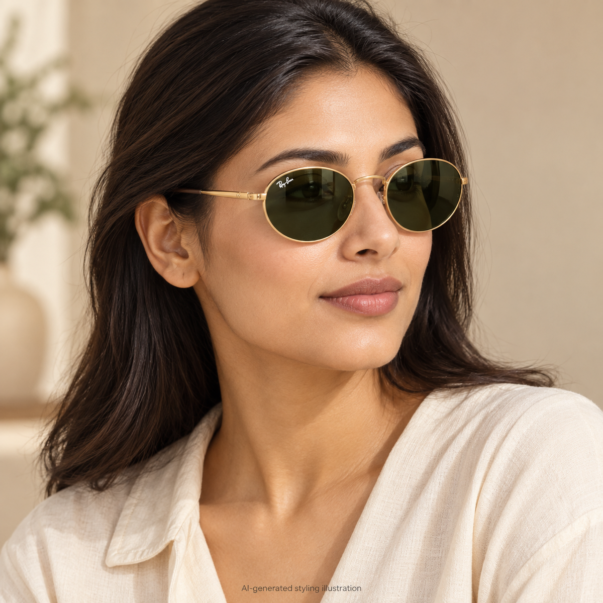 AI-generated styling illustration of an Indian woman wearing gold oval sunglasses inspired by Ray-Ban 0RB3931 001/31; fit and details are illustrative.